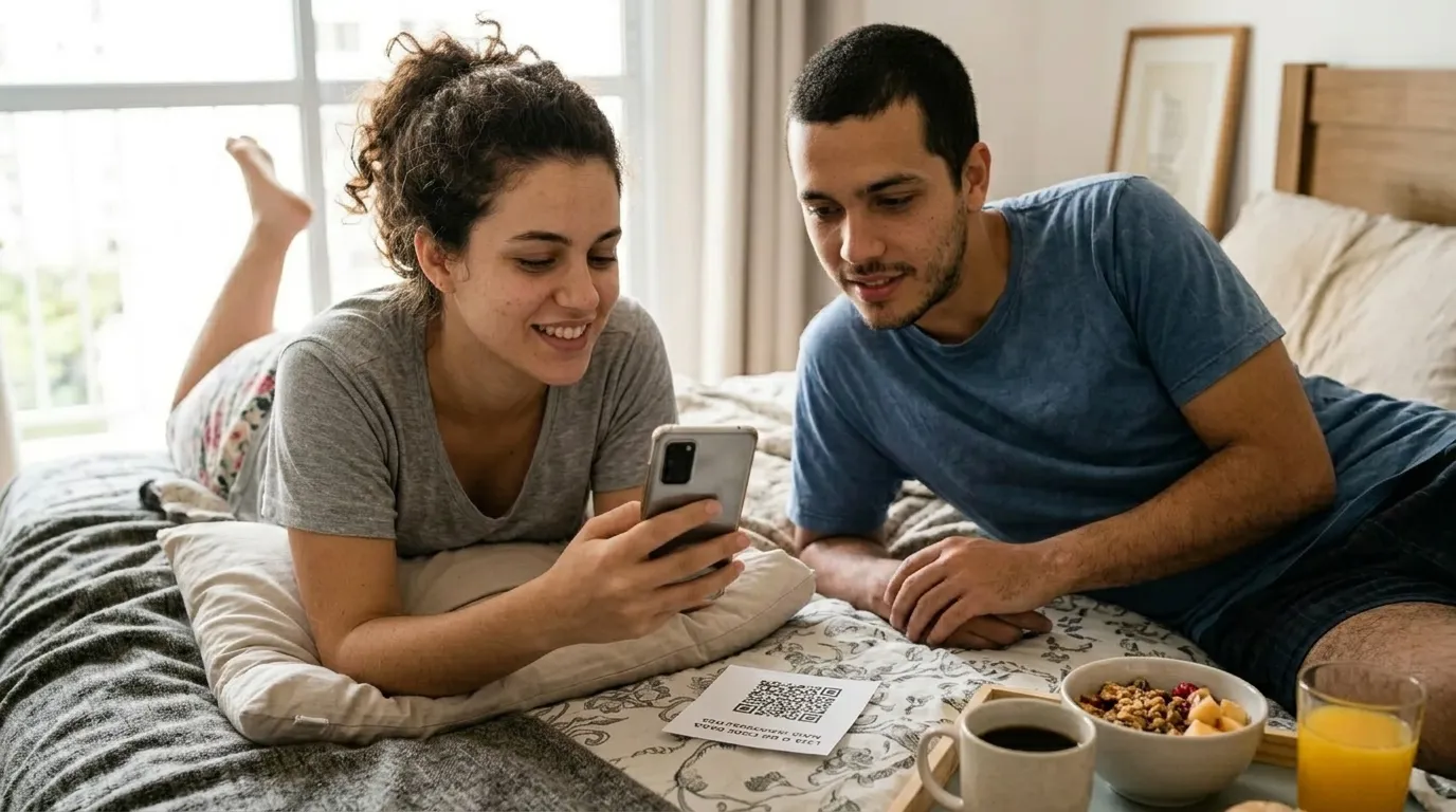 Surpresa digital no café da manhã na cama com QR code. Casal sorrindo na cama ao escanear código QR surpresa com celular durante o café.