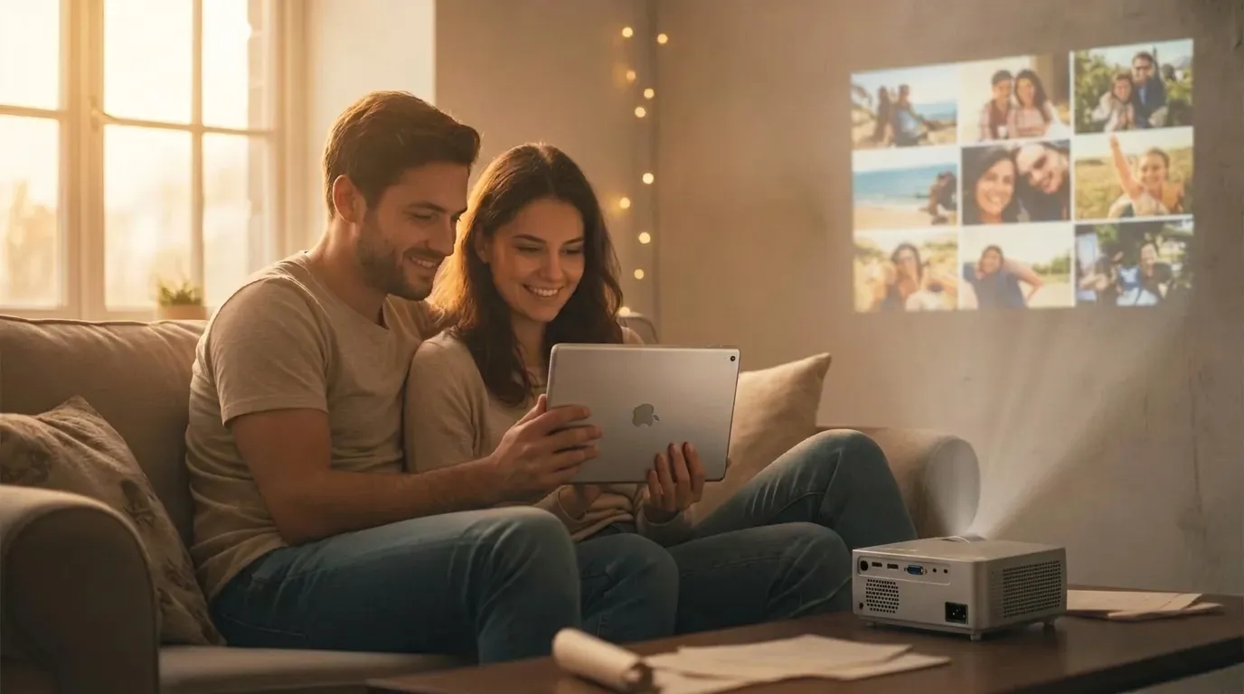 Revivendo Nossas Melhores Memórias Casal abraçado no sofá revive memórias nostálgicas vendo fotos juntos no tablet.