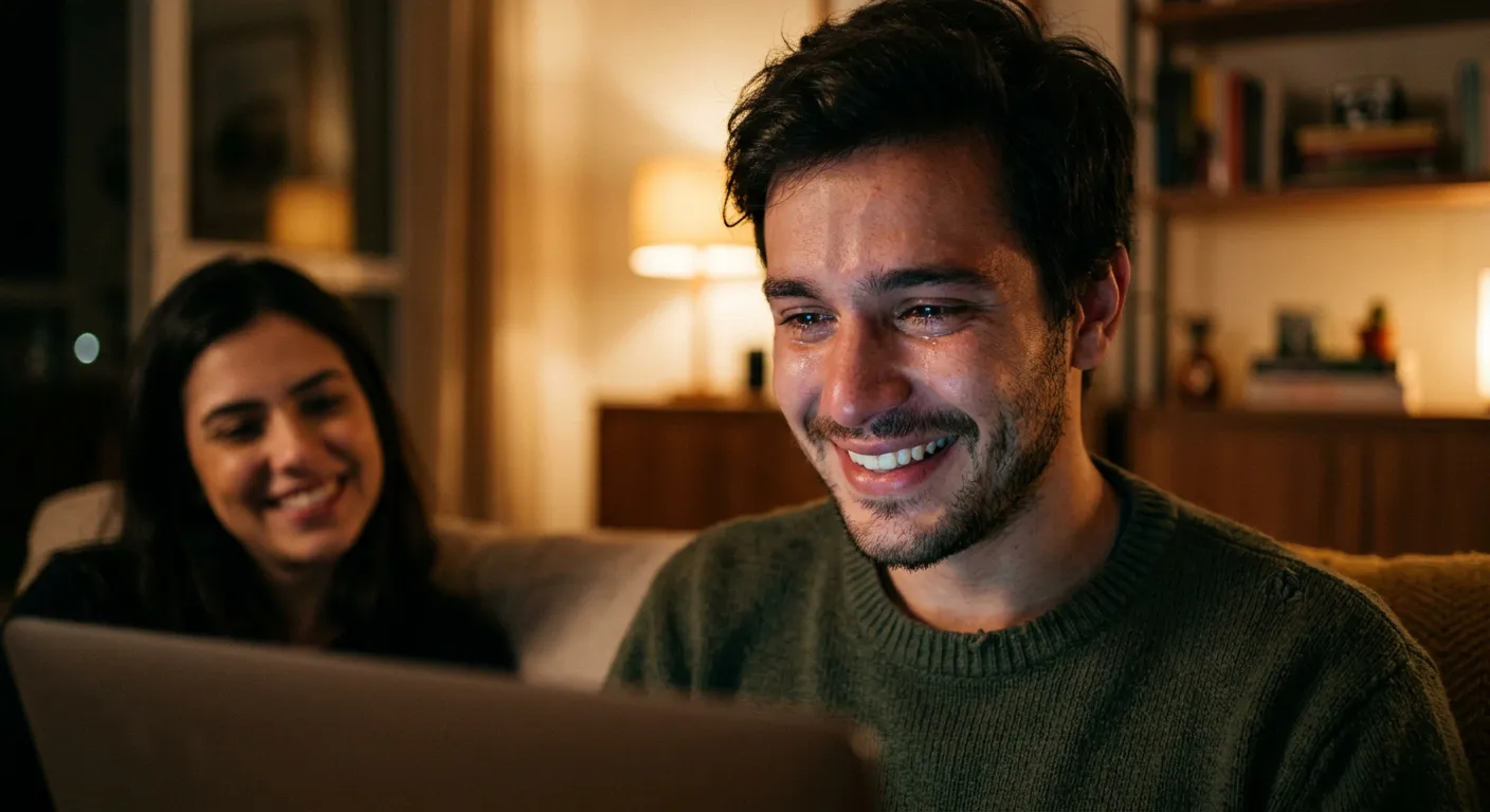 Homem com lágrimas de emoção ao assistir surpresa no notebook ao lado da parceira.