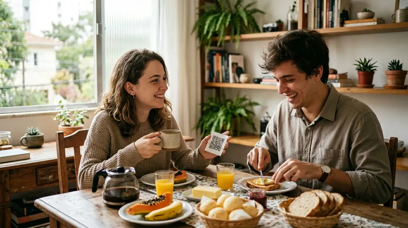 Revelando a Surpresa Digital no Café da Manhã Mulher mostra QR code para homem durante café da manhã romântico com pão de queijo e frutas.